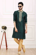 Thumbnail for Raivat Ethnic Art Banarasi Silk Thread Work Kurta Pajama In Green Colour