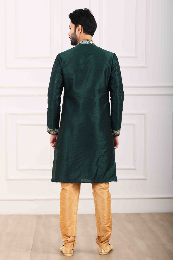 Raivat Ethnic Art Banarasi Silk Thread Work Kurta Pajama In Green Colour