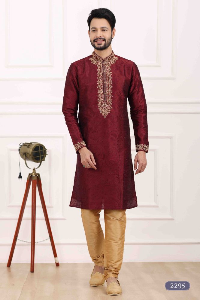 Raivat Ethnic Art Banarasi Silk Thread Work Kurta Pajama In Wine Colour