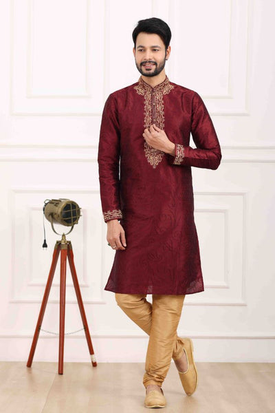 Raivat Ethnic Art Banarasi Silk Thread Work Kurta Pajama In Wine Colour