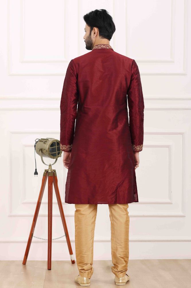 Raivat Ethnic Art Banarasi Silk Thread Work Kurta Pajama In Wine Colour
