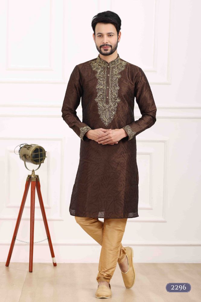 Raivat Ethnic Art Banarasi Silk Thread Work Kurta Pajama In Brown Colour