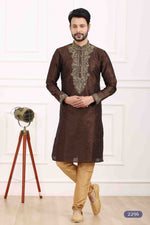 Thumbnail for Raivat Ethnic Art Banarasi Silk Thread Work Kurta Pajama In Brown Colour