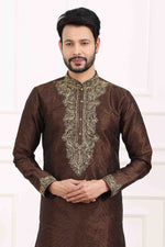 Thumbnail for Raivat Ethnic Art Banarasi Silk Thread Work Kurta Pajama In Brown Colour