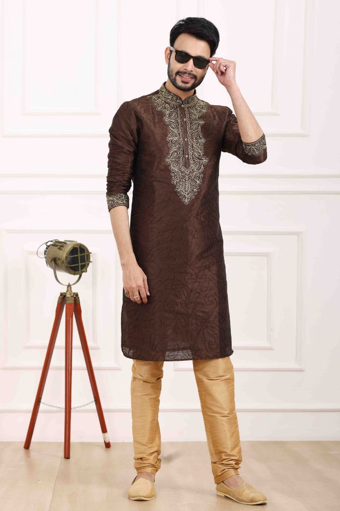 Raivat Ethnic Art Banarasi Silk Thread Work Kurta Pajama In Brown Colour