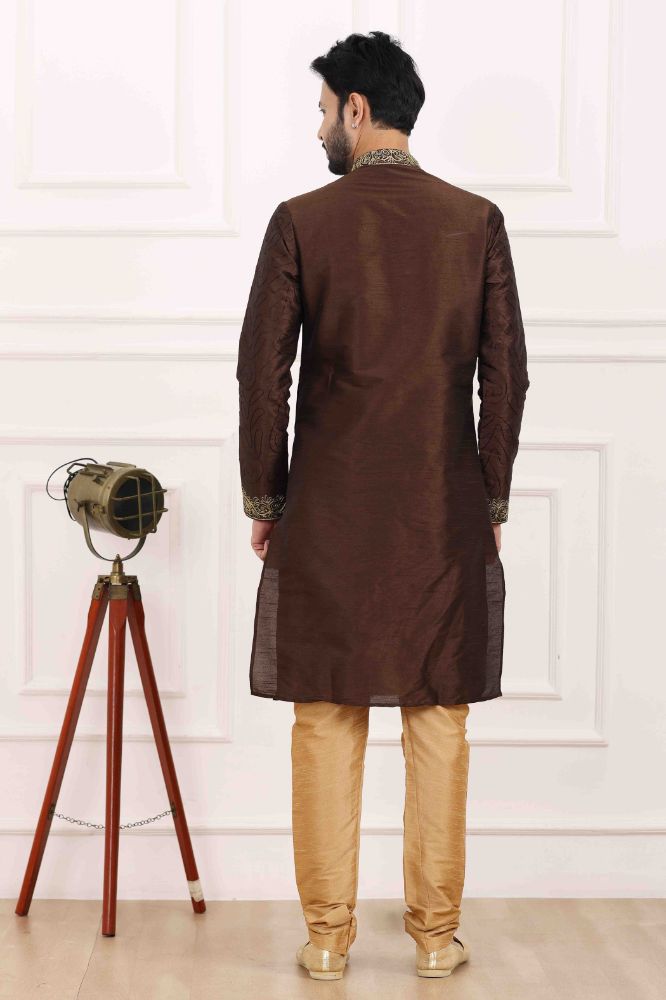 Raivat Ethnic Art Banarasi Silk Thread Work Kurta Pajama In Brown Colour