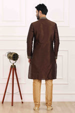Thumbnail for Raivat Ethnic Art Banarasi Silk Thread Work Kurta Pajama In Brown Colour