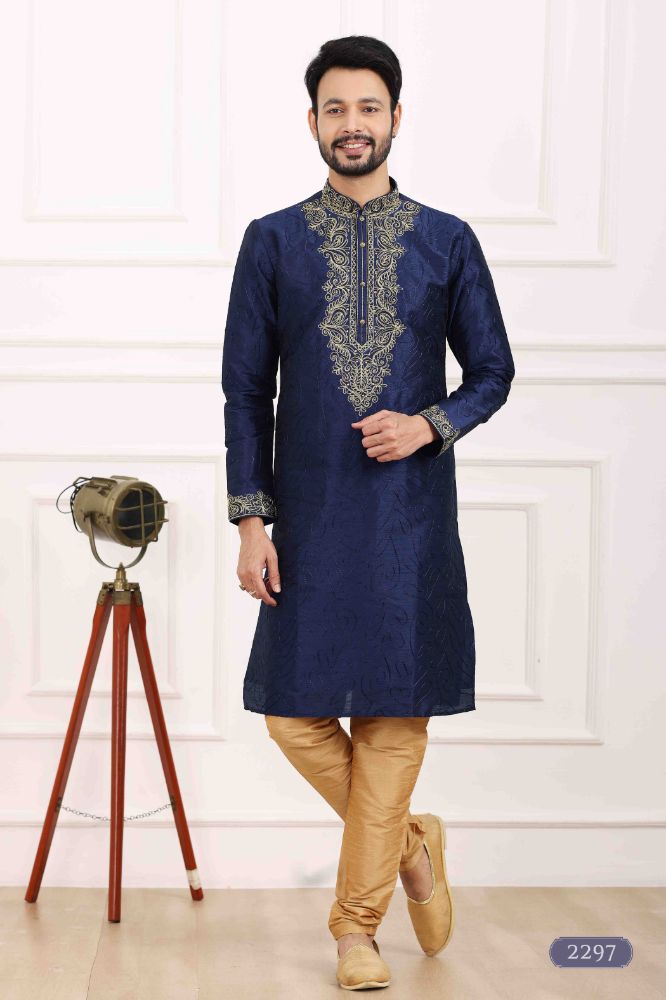 Raivat Ethnic Art Banarasi Silk Thread Work Kurta Pajama In Navy Blue Colour