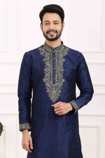 Thumbnail for Raivat Ethnic Art Banarasi Silk Thread Work Kurta Pajama In Navy Blue Colour