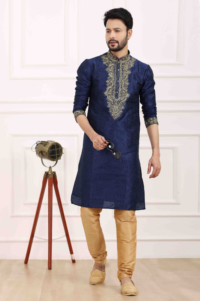 Raivat Ethnic Art Banarasi Silk Thread Work Kurta Pajama In Navy Blue Colour