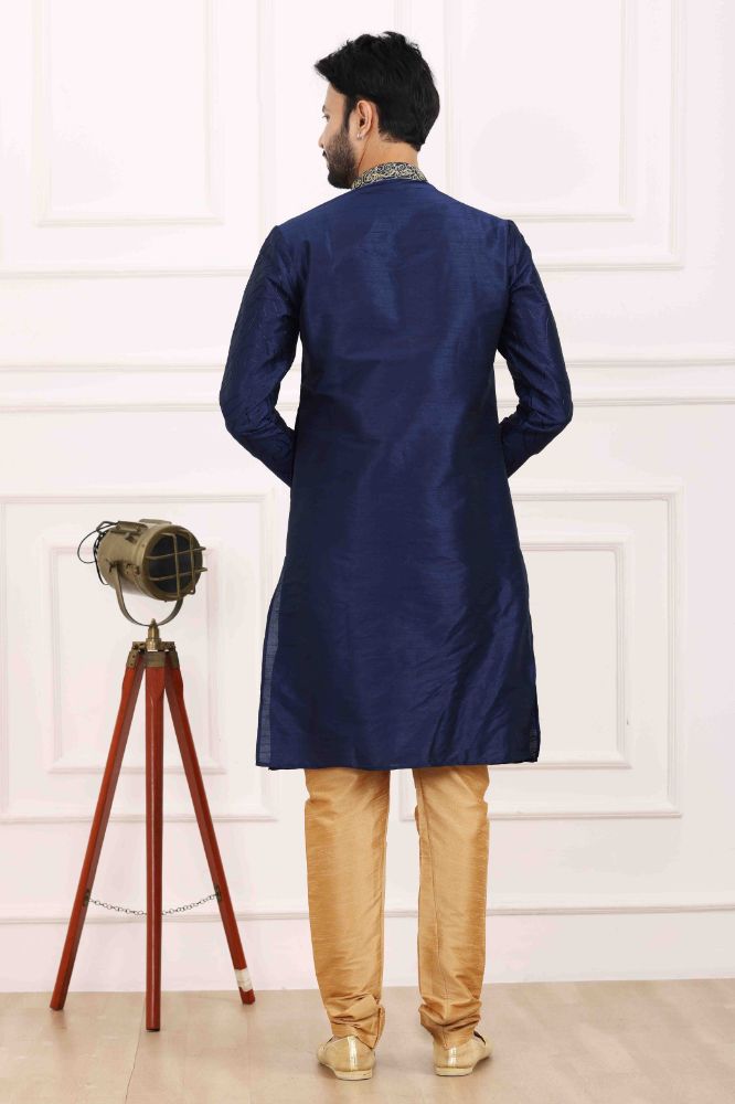 Raivat Ethnic Art Banarasi Silk Thread Work Kurta Pajama In Navy Blue Colour