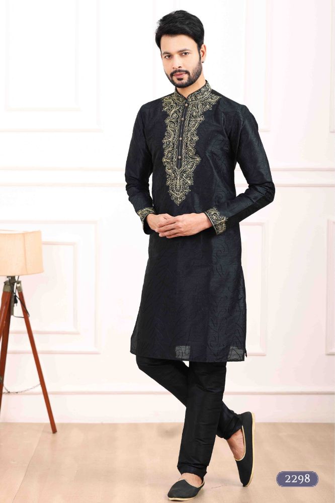 Raivat Ethnic Art Banarasi Silk Thread Work Kurta Pajama In Black Colour