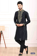 Thumbnail for Raivat Ethnic Art Banarasi Silk Thread Work Kurta Pajama In Black Colour