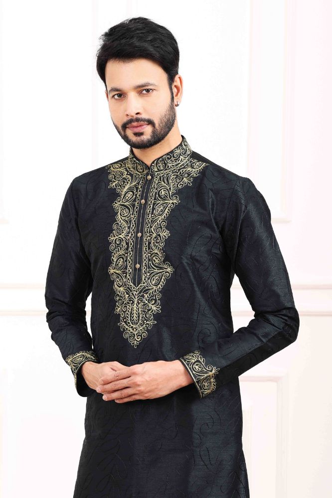 Raivat Ethnic Art Banarasi Silk Thread Work Kurta Pajama In Black Colour