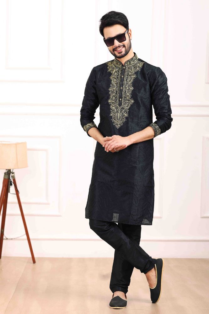 Raivat Ethnic Art Banarasi Silk Thread Work Kurta Pajama In Black Colour