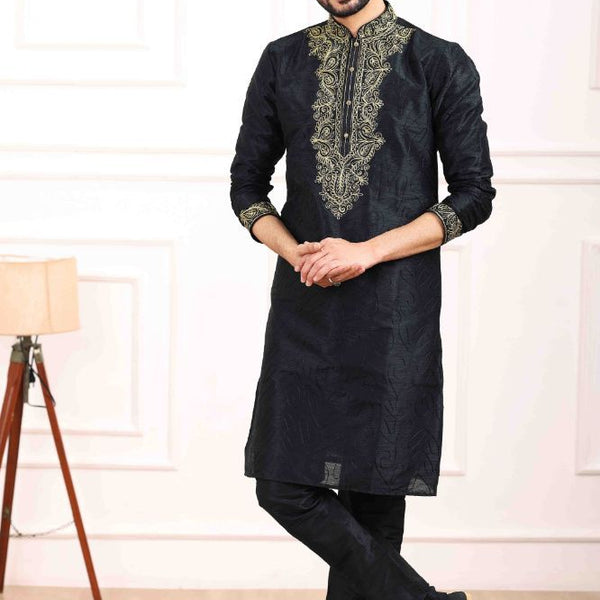 Raivat Ethnic Art Banarasi Silk Thread Work Kurta Pajama In Black Colour