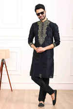 Thumbnail for Raivat Ethnic Art Banarasi Silk Thread Work Kurta Pajama In Black Colour