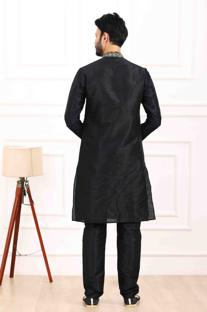 Raivat Ethnic Art Banarasi Silk Thread Work Kurta Pajama In Black Colour