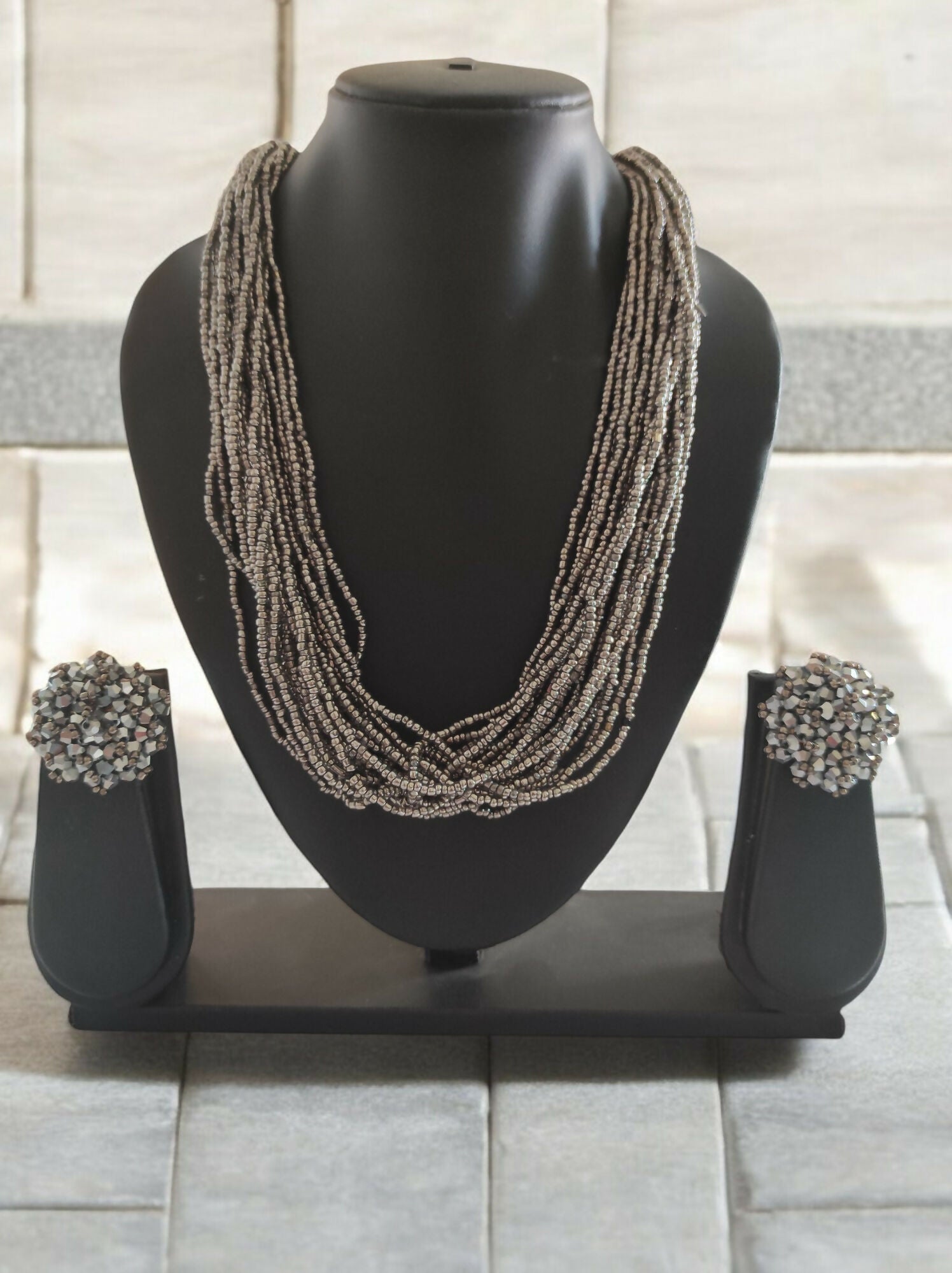 Inhanns Vibrant Handmade 20 Layers Beaded Necklace With Matching Earrings - Gray - Distacart