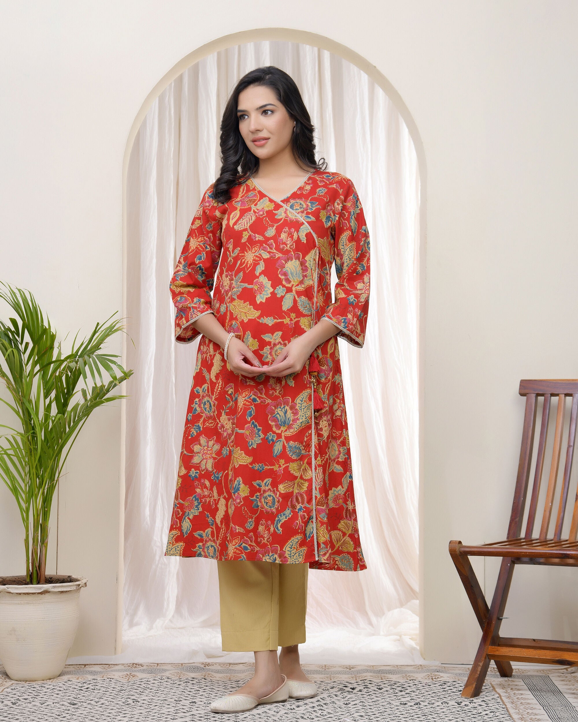 Vaasva Women Red Cotton Angrakha Kurta