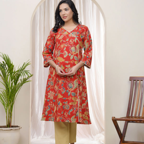 Vaasva Women Red Cotton Angrakha Kurta