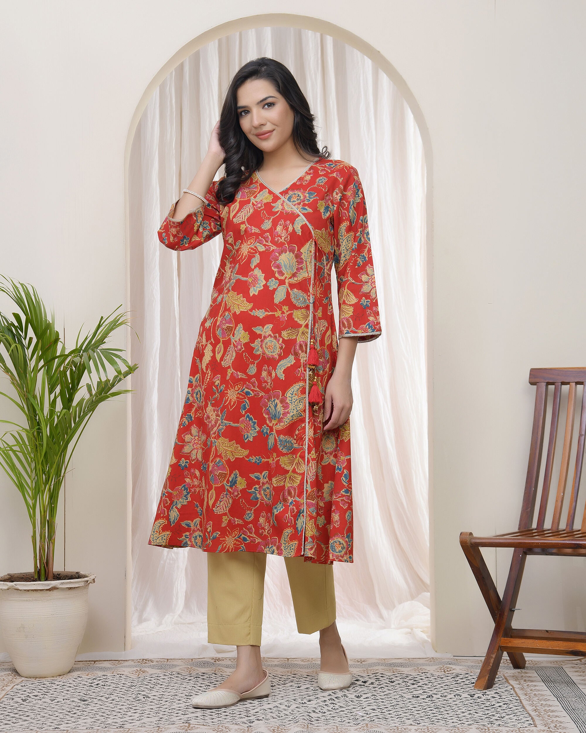 Vaasva Women Red Cotton Angrakha Kurta