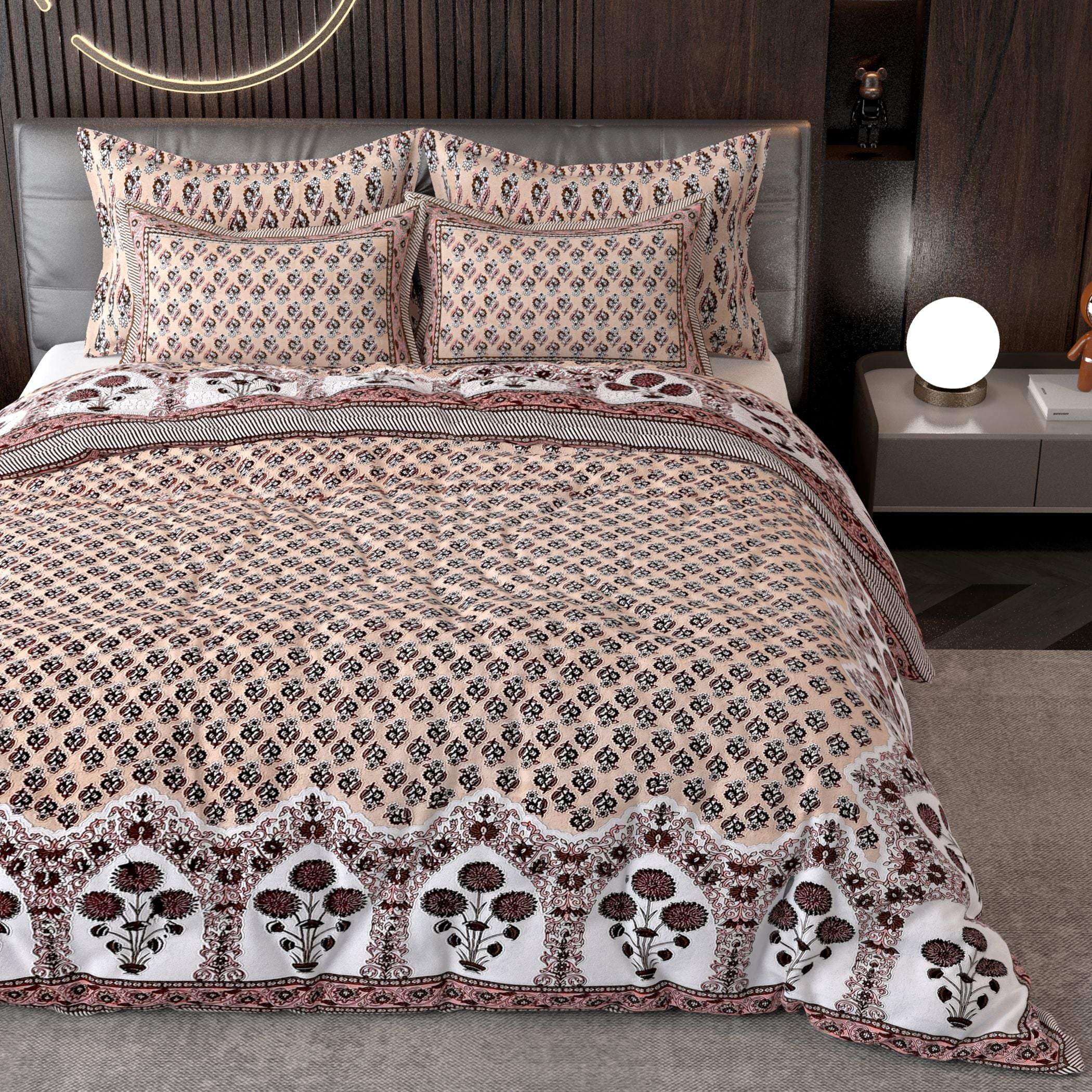 Brown Ethnic Motifs Cotton 220 TC King Bedsheet With 2 Zipper Pillow Covers - King Size by House of Ree - Distacart