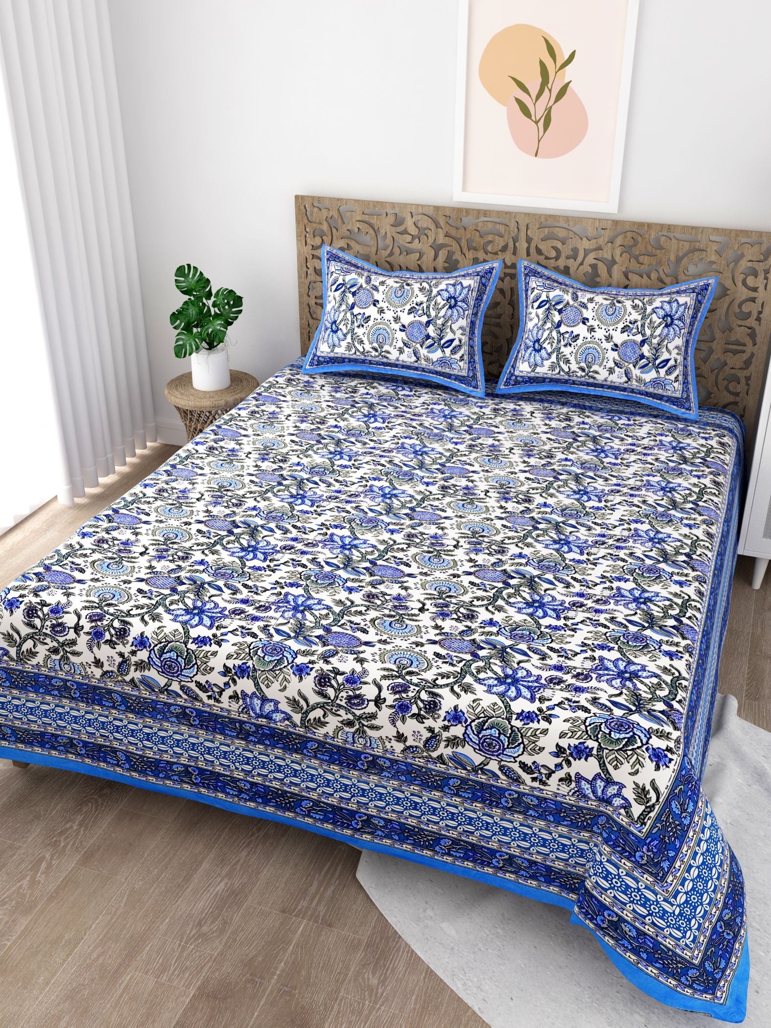 Blue Floral Printed Cotton 200TC Bedsheet With 2 Zipper Pillow Covers - King Size by House of Ree - Distacart