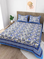 Thumbnail for Blue Floral Printed Cotton 200TC Bedsheet With 2 Zipper Pillow Covers - King Size by House of Ree - Distacart