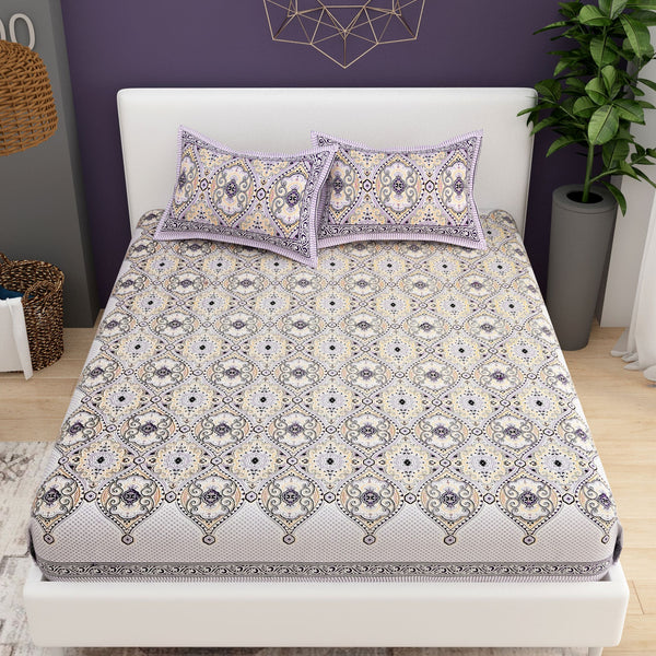 Purple Green Ethnic Motifs Cotton 200TC King Bedsheet With 2 Zipper Pillow Covers - King Size by House of Ree - Distacart