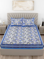 Thumbnail for Blue Floral Printed Cotton 200TC Bedsheet With 2 Zipper Pillow Covers - King Size by House of Ree - Distacart
