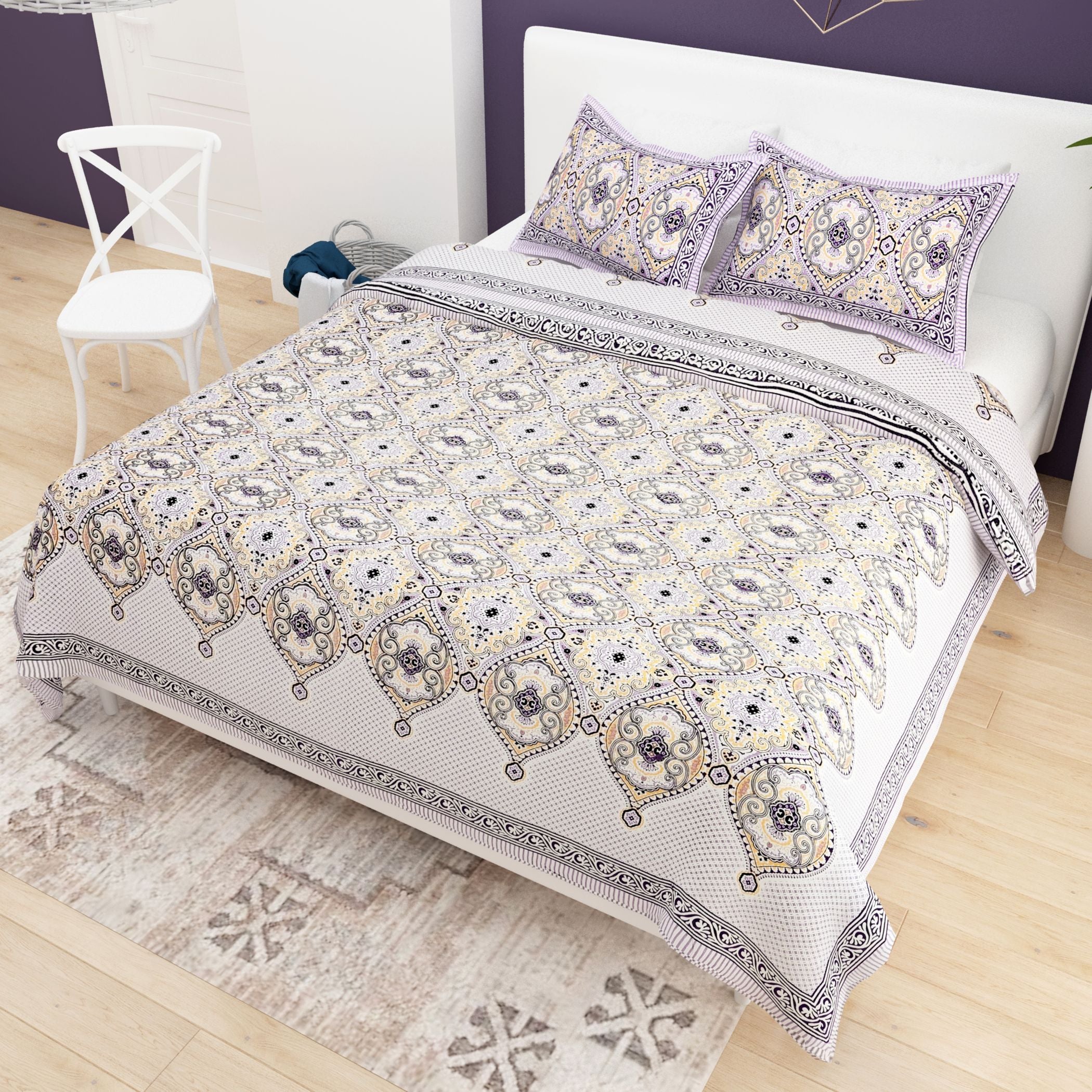 Purple Green Ethnic Motifs Cotton 200TC King Bedsheet With 2 Zipper Pillow Covers - King Size by House of Ree - Distacart