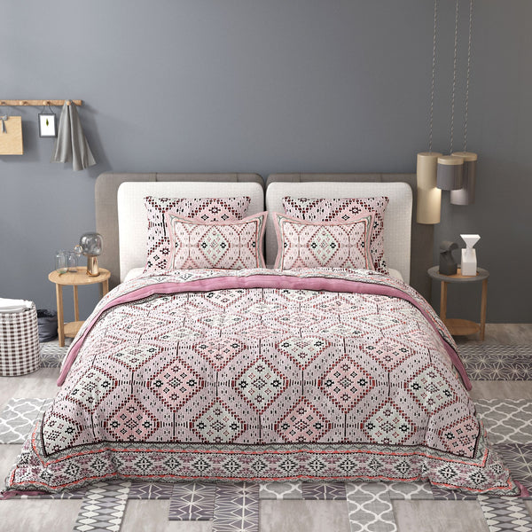 Pink Ethnic Motifs Cotton 200TC King Bedsheet With 2 Zipper Pillow Covers - King Size by House of Ree - Distacart