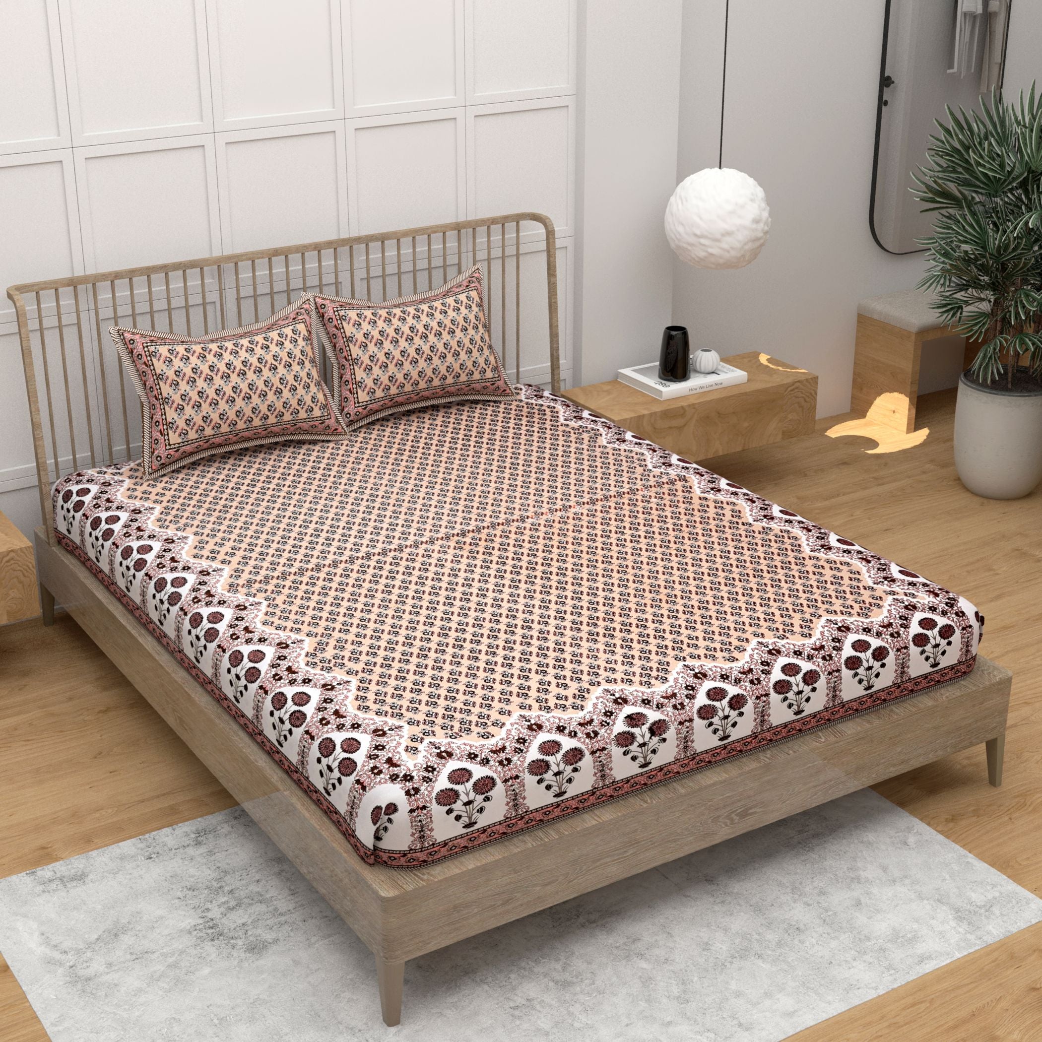 Brown Ethnic Motifs Cotton 220 TC King Bedsheet With 2 Zipper Pillow Covers - King Size by House of Ree - Distacart