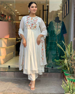 Thumbnail for The52 White Women's Gorgeous Embroidered Viscose Chiffon Fabric Pleated Kurta Pant with Dupatta Set - Distacart