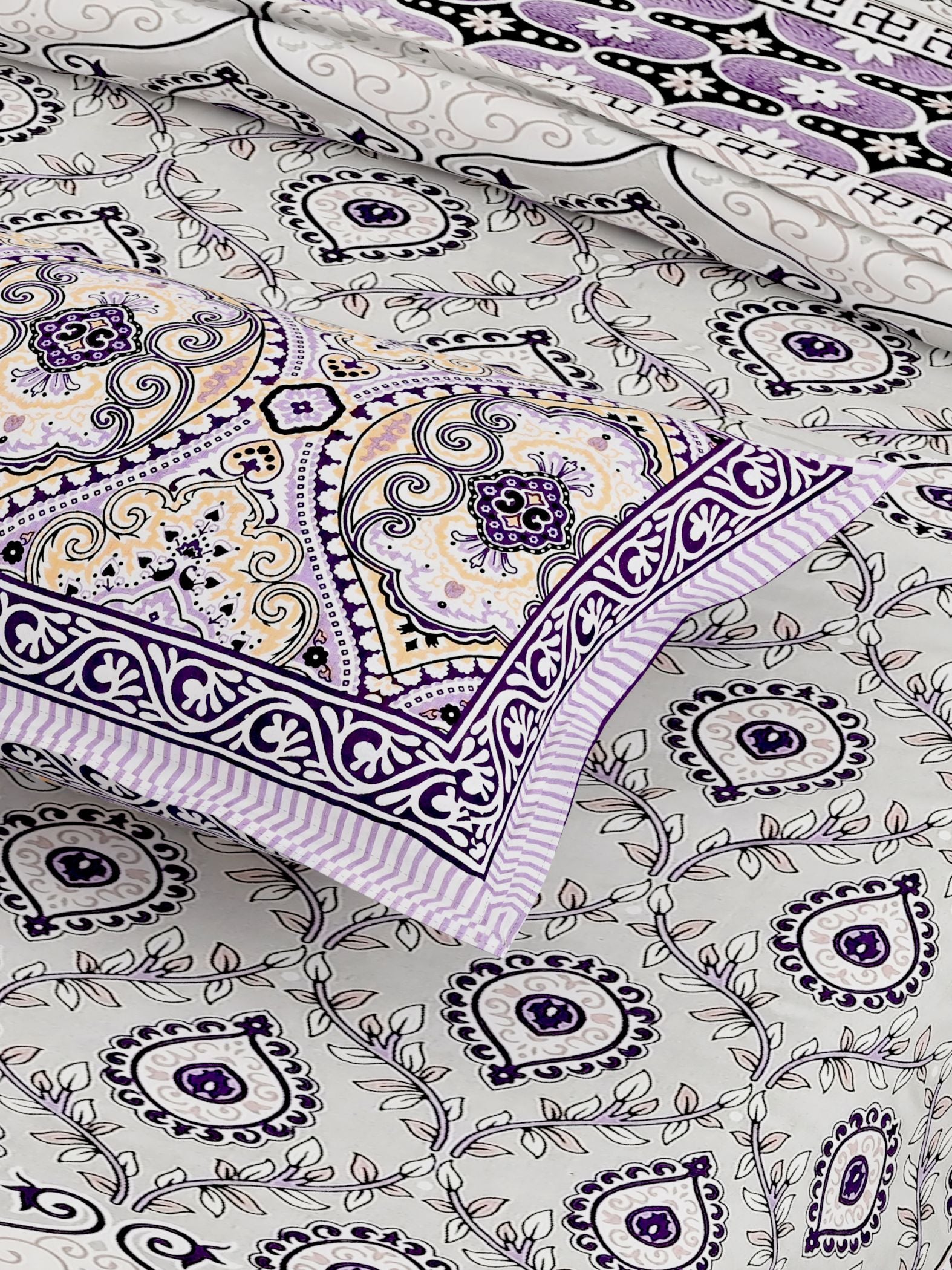 Purple Green Ethnic Motifs Cotton 200TC King Bedsheet With 2 Zipper Pillow Covers - King Size by House of Ree - Distacart