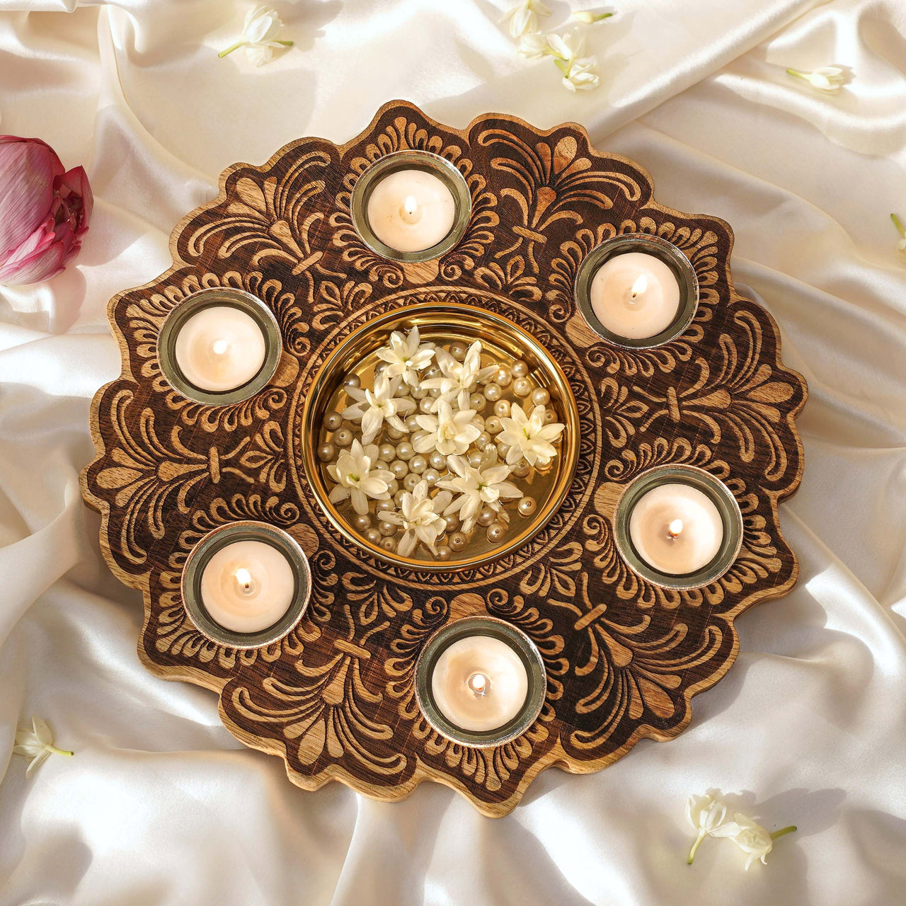 mandala wooden urli with tealights brown