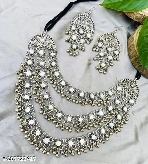 Tehzeeb Creations Women's Silver Colour Oxidised Necklace Set With Mirror Design - Distacart
