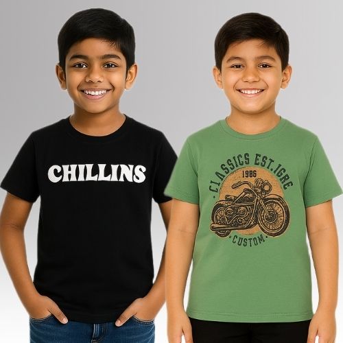 Chilins Round Black, Olive Neck Printed Cotton Tshirt(Pack of 2)