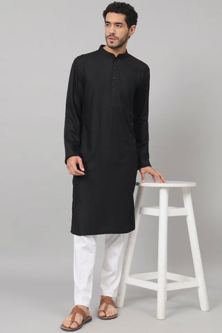 Giza Cotton Black Plain Kurta by Hilo Design