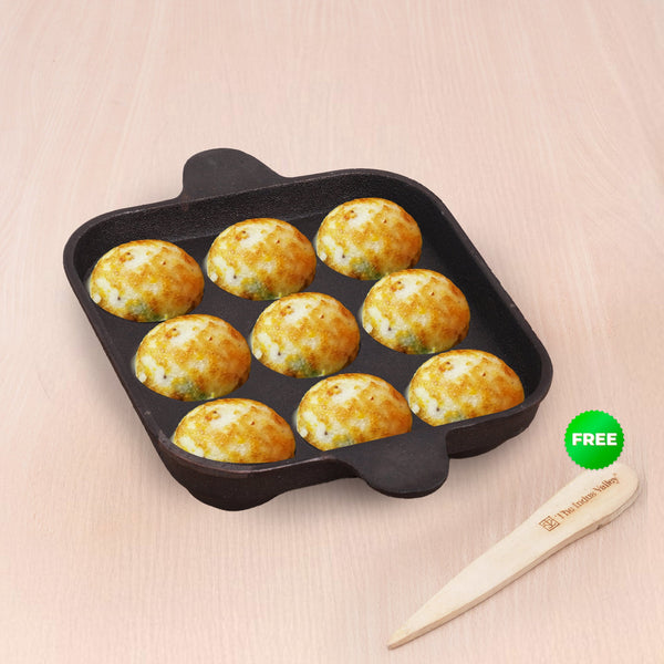 The Indus Valley 9 Pit/Cup CASTrong Cast Iron Paniyaram/Appe Pan+ Spatula, Pre-seasoned, Natural Nonstick, 100% Pure, Toxin-free, 18.2 cm, 1.34 kg