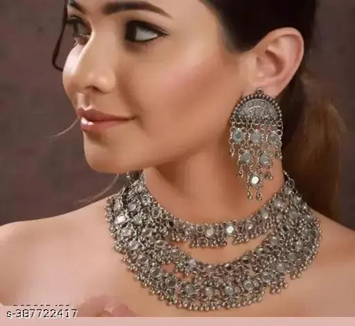 Tehzeeb Creations Women's Silver Colour Oxidised Necklace Set With Mirror Design - Distacart