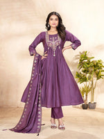 Thumbnail for Lehenga Mart Designer Anarkali Suit With Kurta, Pant, Dupatta For Women-Purple - Distacart
