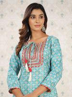 Thumbnail for Ode by House of Pataudi Sea Green Ethnic Printed Tie-Up Neck Gotta Patti Straight Kurta - Distacart