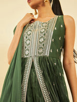 Thumbnail for Soch Ethnic Motifs Embroidered Pleated Front Slit Sequinned Kurta with Palazzos & Dupatta - Distacart