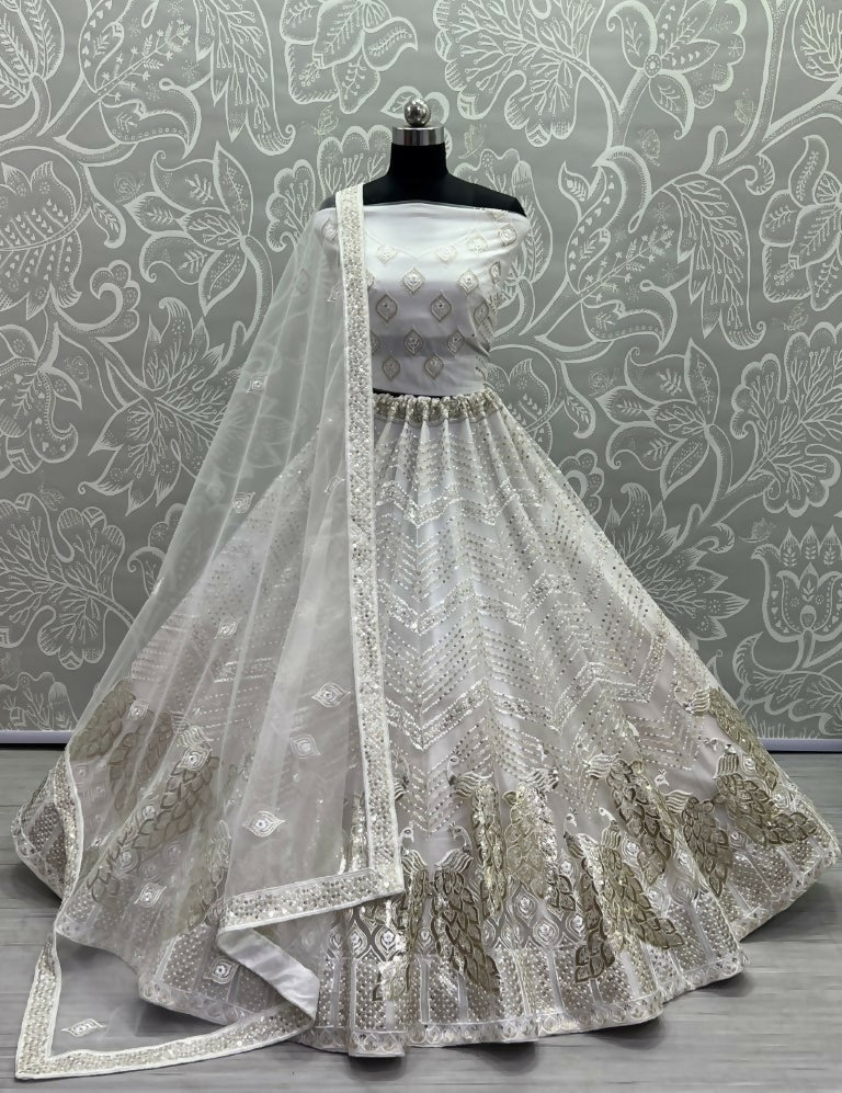 Jyoti Fashion Women's White Bridal Net Fancy Foil & Sequins with Multi Thread Embroidered Wedding Lehenga Choli - Distacart