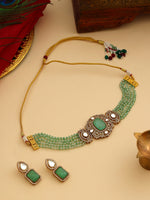 Thumbnail for Ruby Raang 22k Gold Polished Green Stone And Moissanite Necklace With Matching Earrings