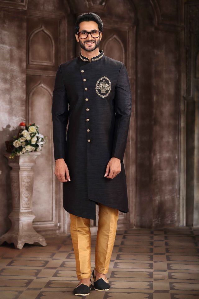 Raivat Ethnic Art Silk Embroidery Work Sherwani In Black Colour - Distacart