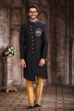 Thumbnail for Raivat Ethnic Art Silk Embroidery Work Sherwani In Black Colour