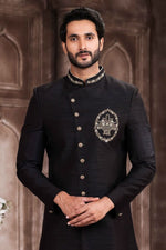 Thumbnail for Raivat Ethnic Art Silk Embroidery Work Sherwani In Black Colour